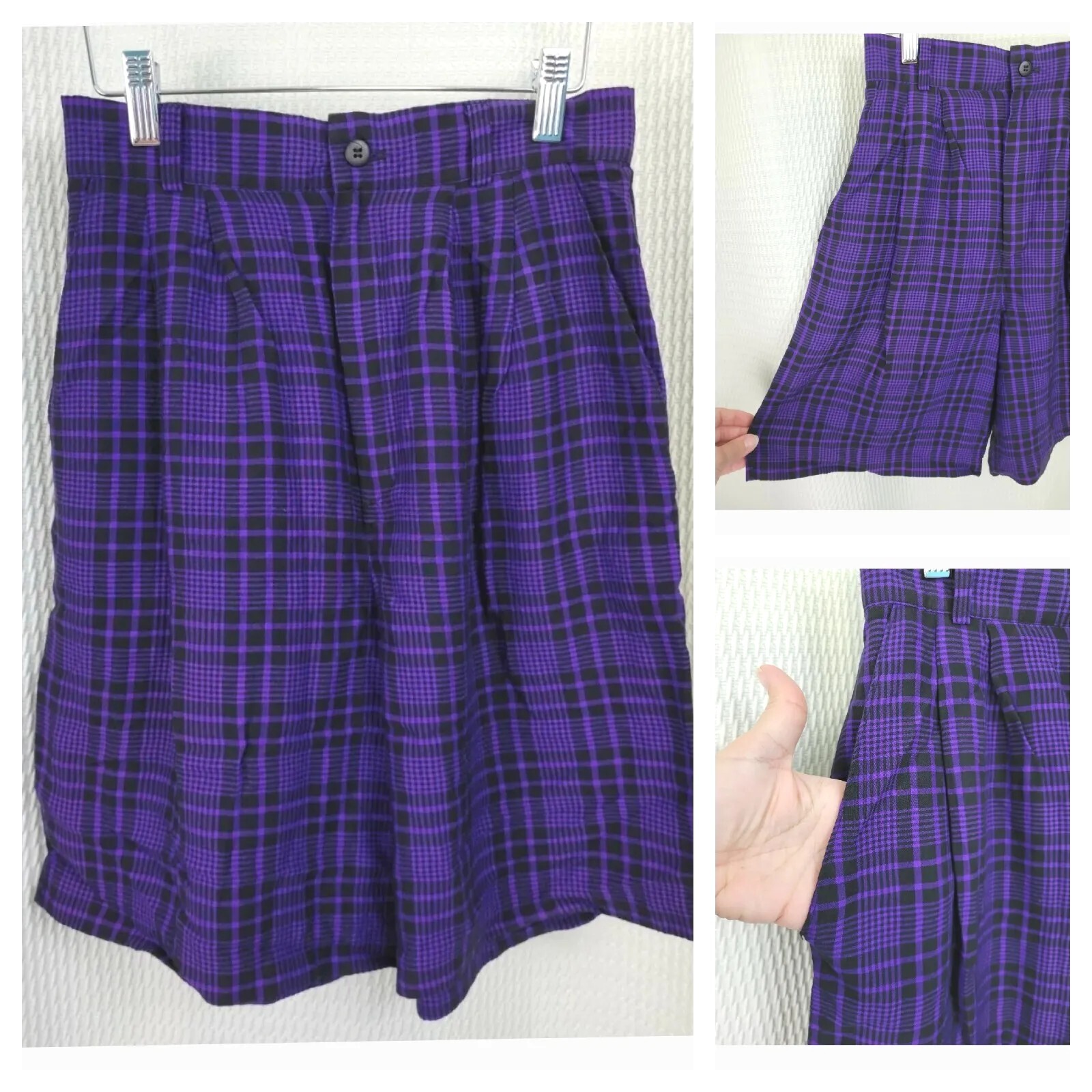 Vtg Maggie Lawrence High Waisted Pleated Shorts in Purple & Black Plaid Size 6