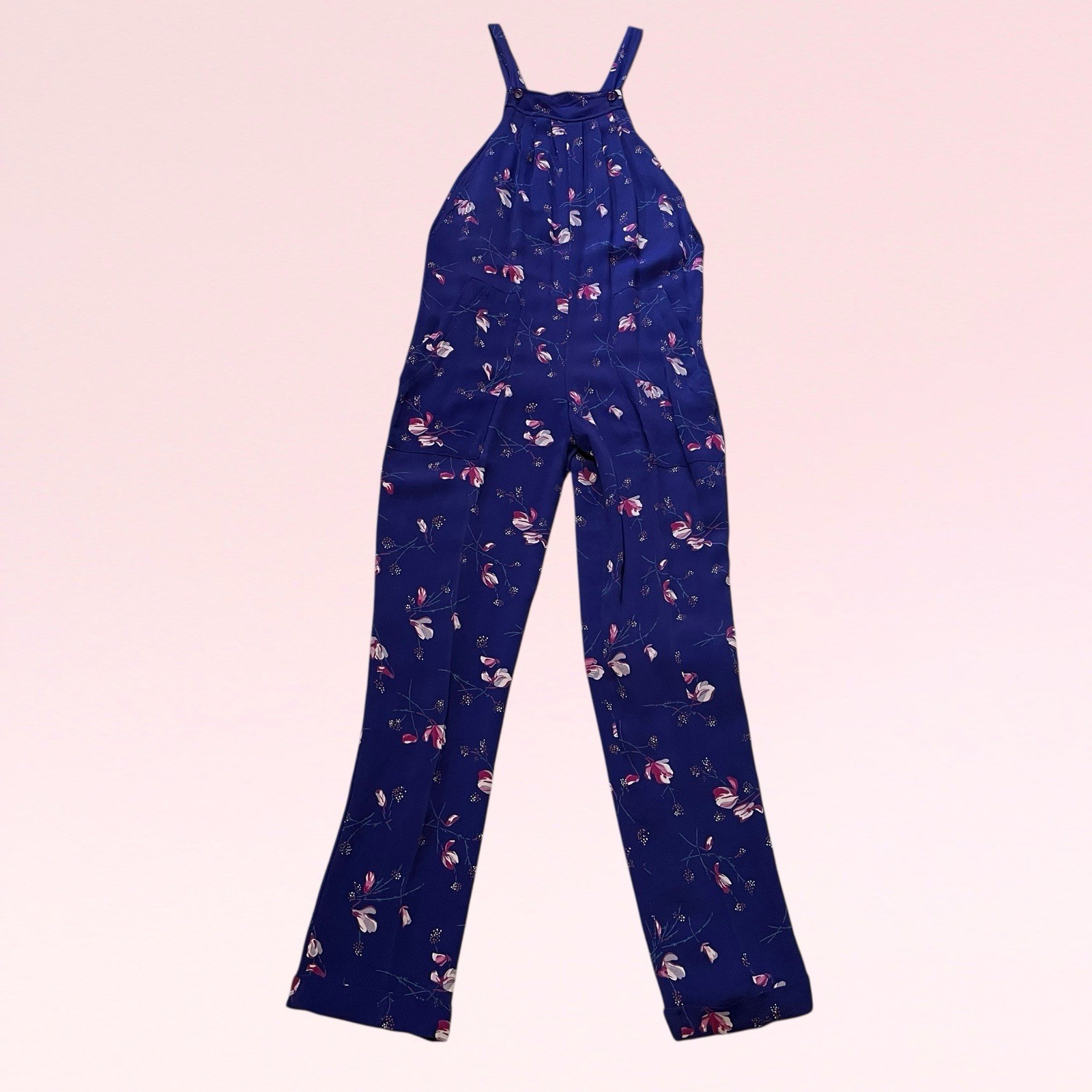 vintage 70s purple floral rayon pleated wide-leg hippie boho overall jumpsuit S