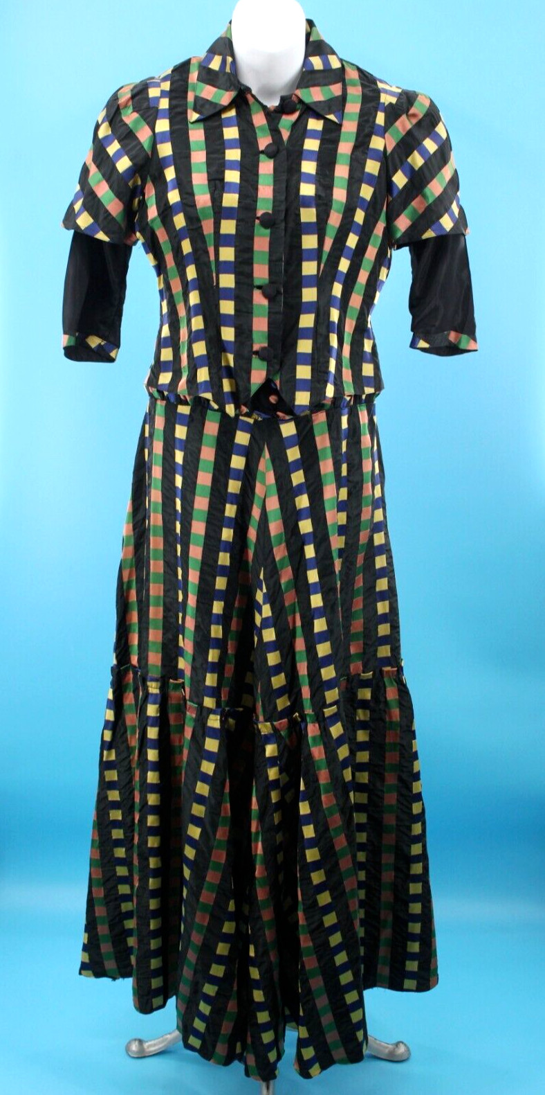 Vtg Women’s 40s Black Multicolor Checked Gown W/ Jacket XS/S 1940s Taffeta Dress