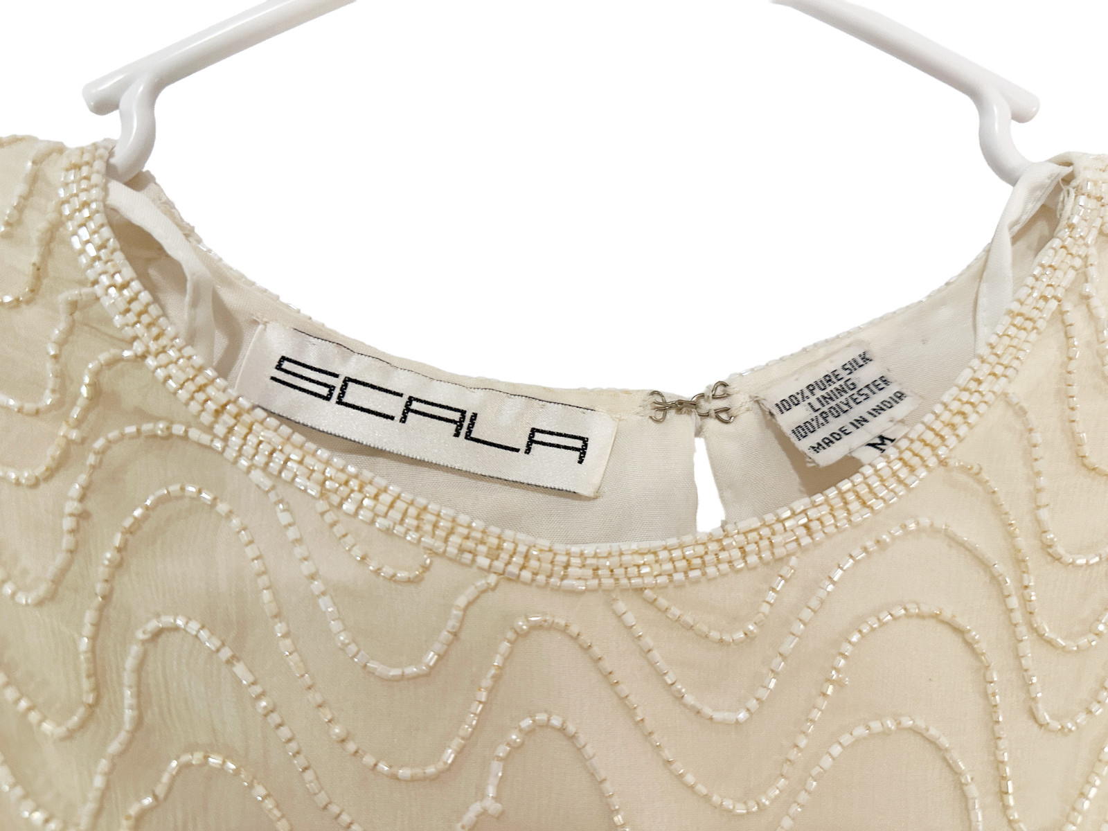 Vintage Scala 100% Silk Beaded Wave Top Cream Evening Cocktail Blouse Medium