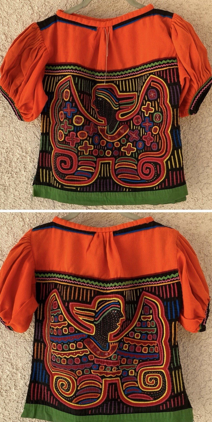 Vintage Kuna Mola Blouse Reverse Applique Winged Figure Panama Folk Art Top