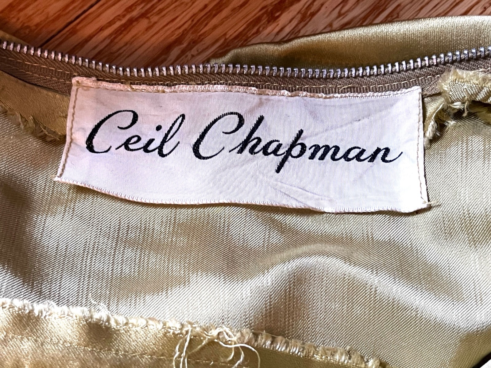 1950s CEIL CHAPMAN Silk Satin Gown Green Gold One Shoulder Full Skirt Dress