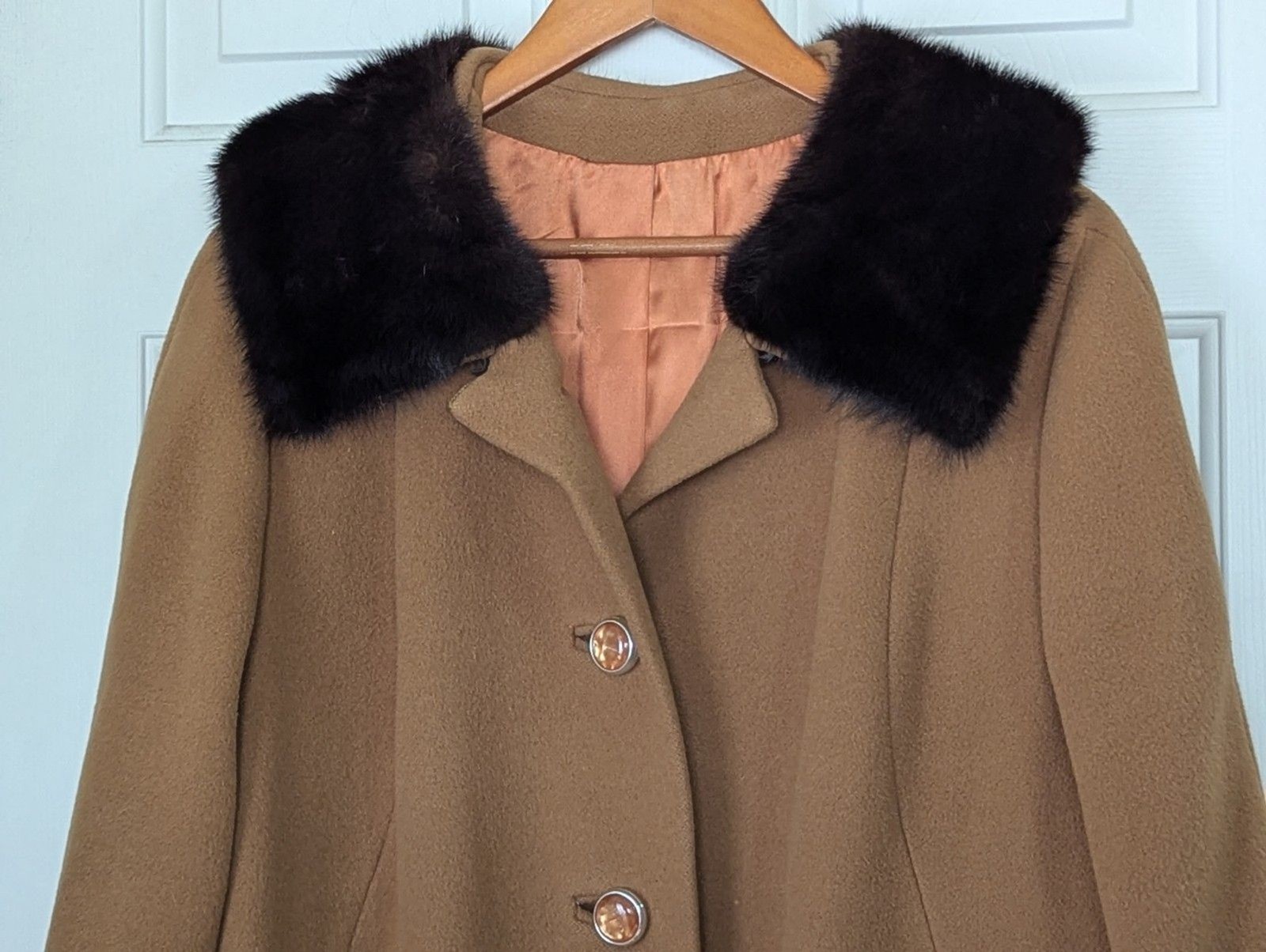 VTG 50s Chinese Cashmere Long Coat Fur Collar Womens XL Carmel Brown USA Made