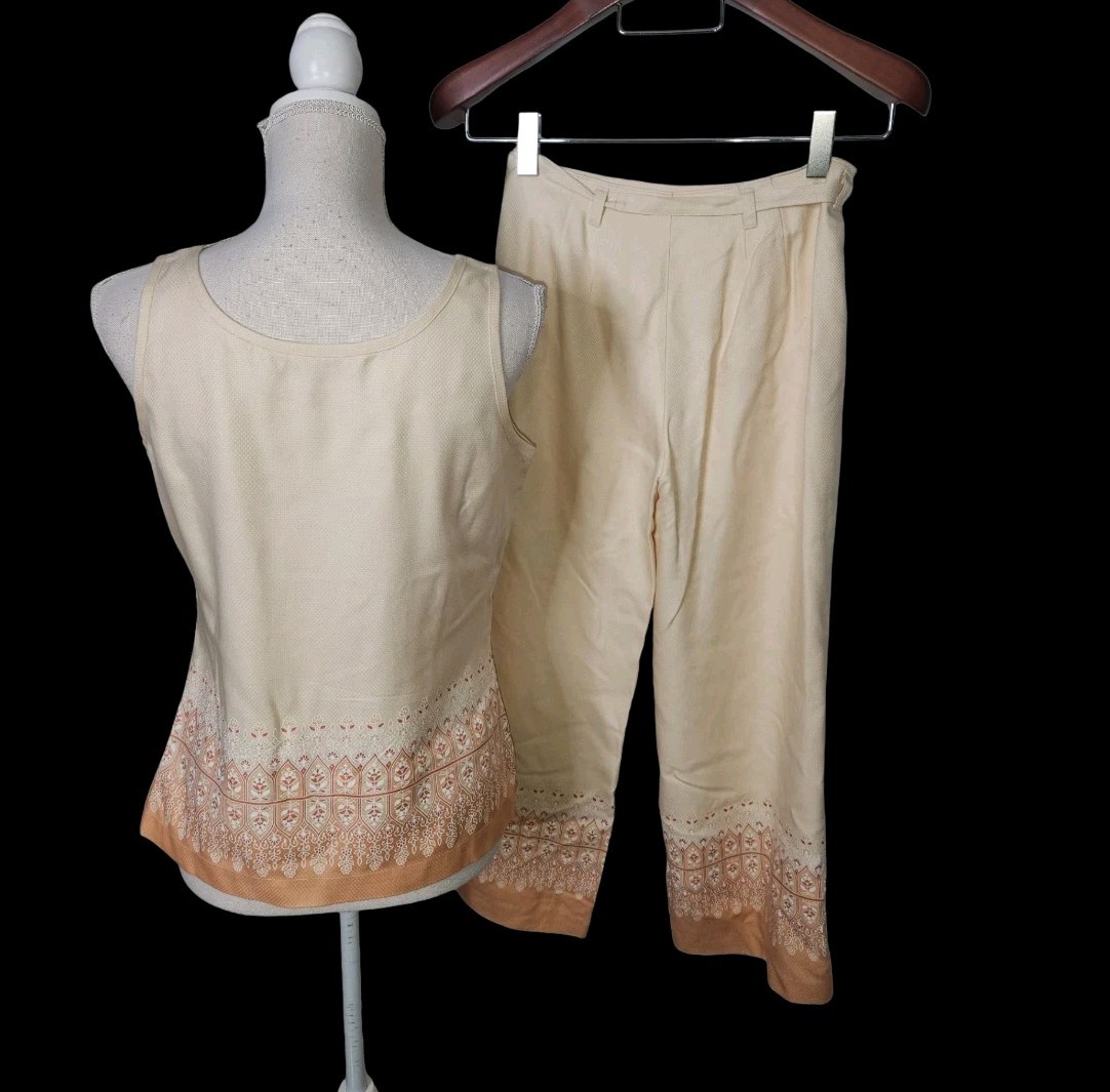 Vintage Tommy Bahama Size 4 S Small Women’s 100% Silk Top Pant Set Yellow Floral