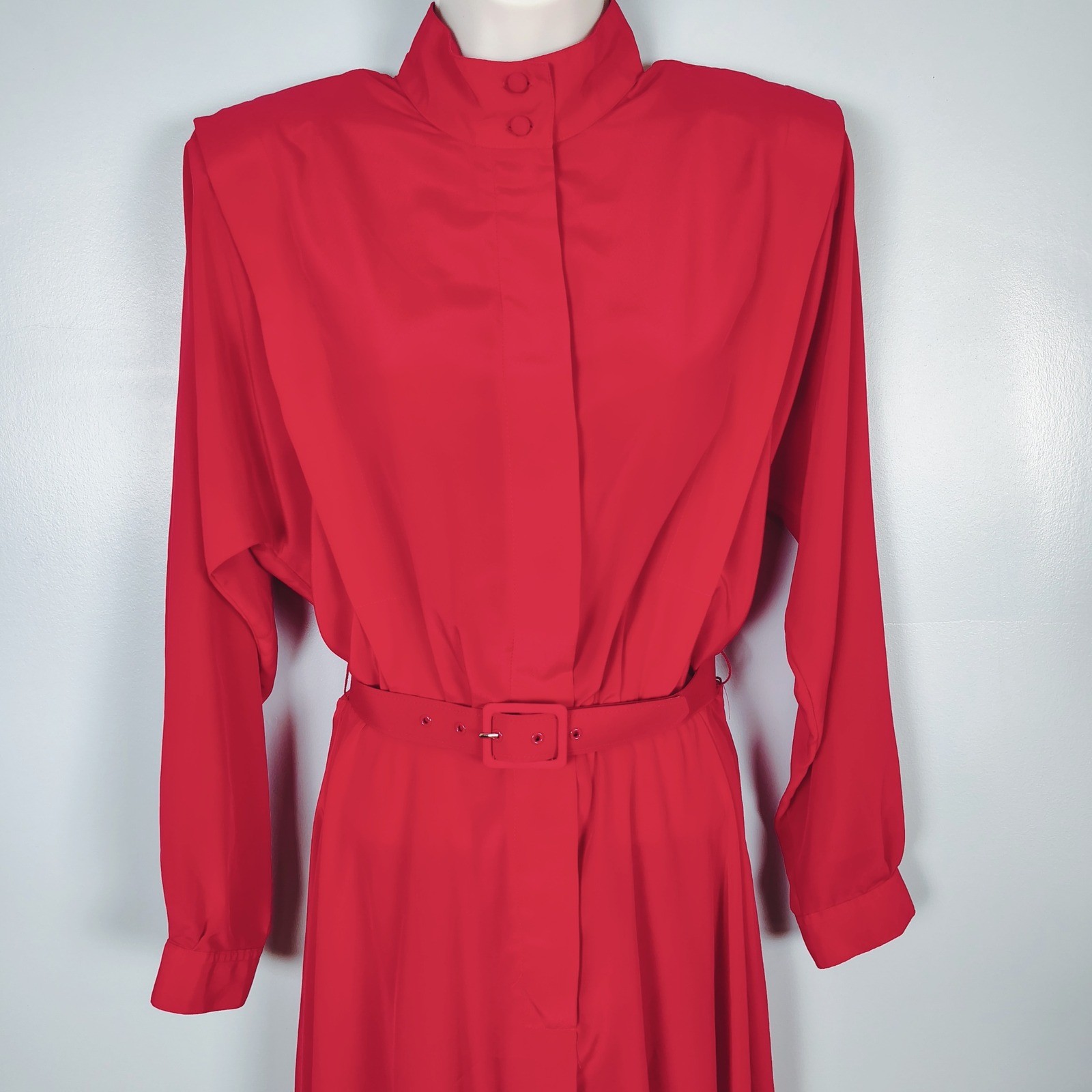 Alain Toussaint Vintage 80s Red Belted Midi Dress Mock Neck Shoulder Pads 10P