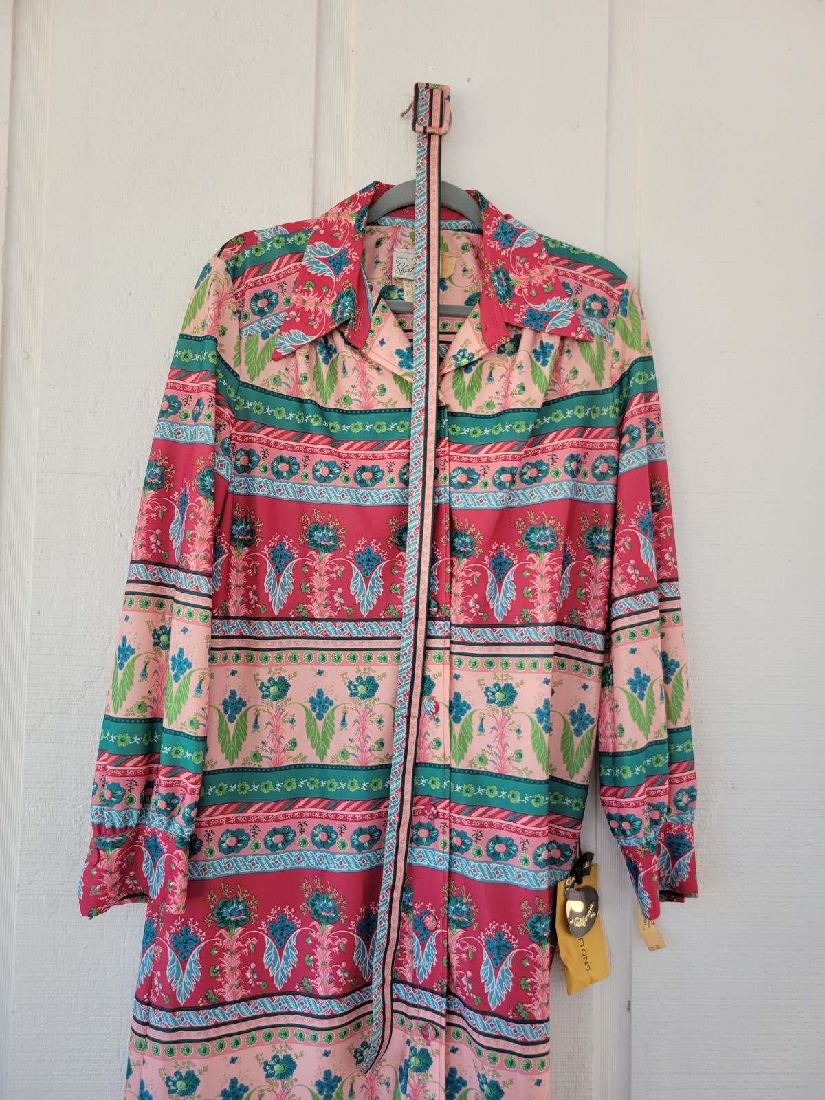 Vintage 70s Boho Floral Maxi Shirtdress NOS Deadstock Belted Size 16 Festival