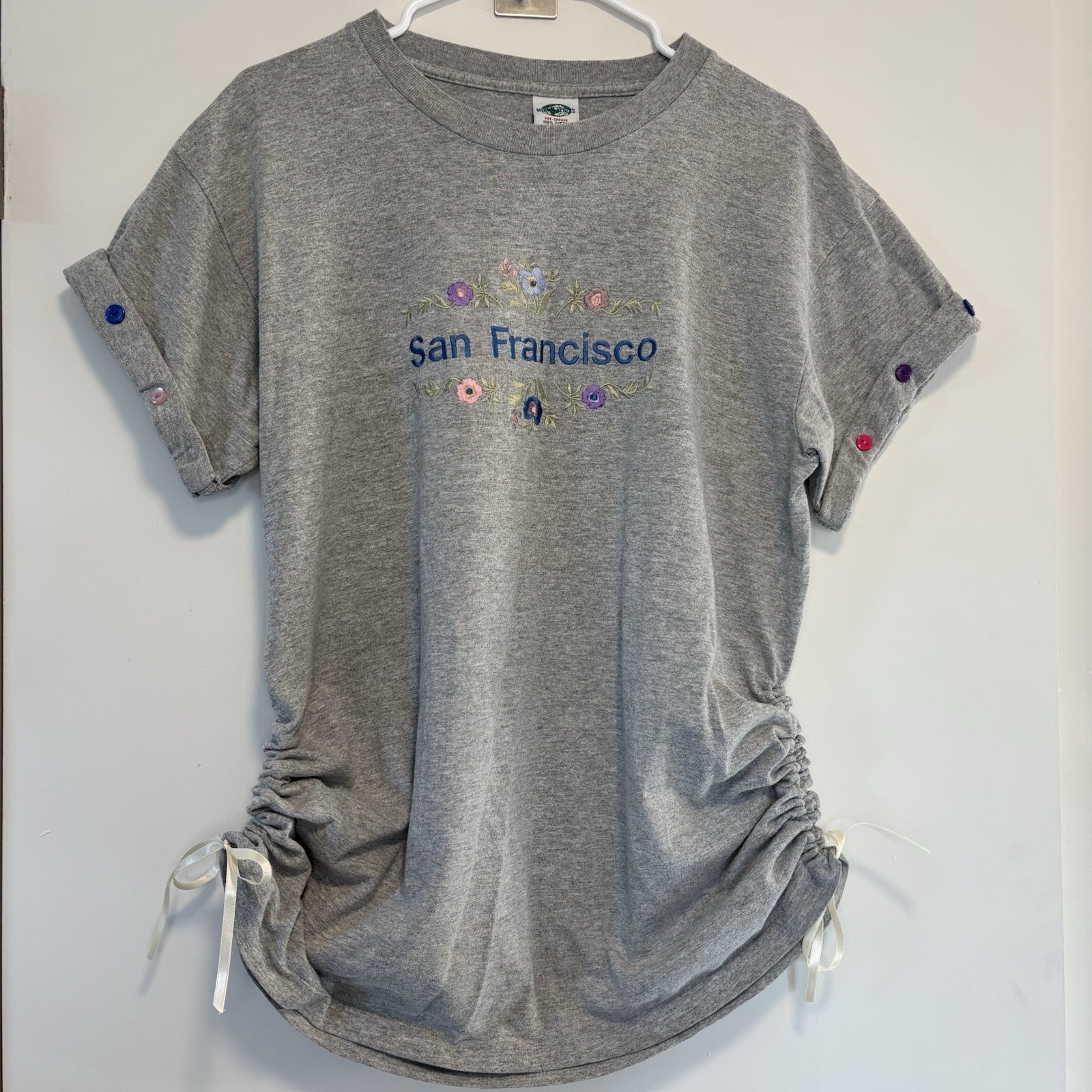 Vintage San Francisco Embroidered Gray T-Shirt w/ Buttons Made in USA Women Lg