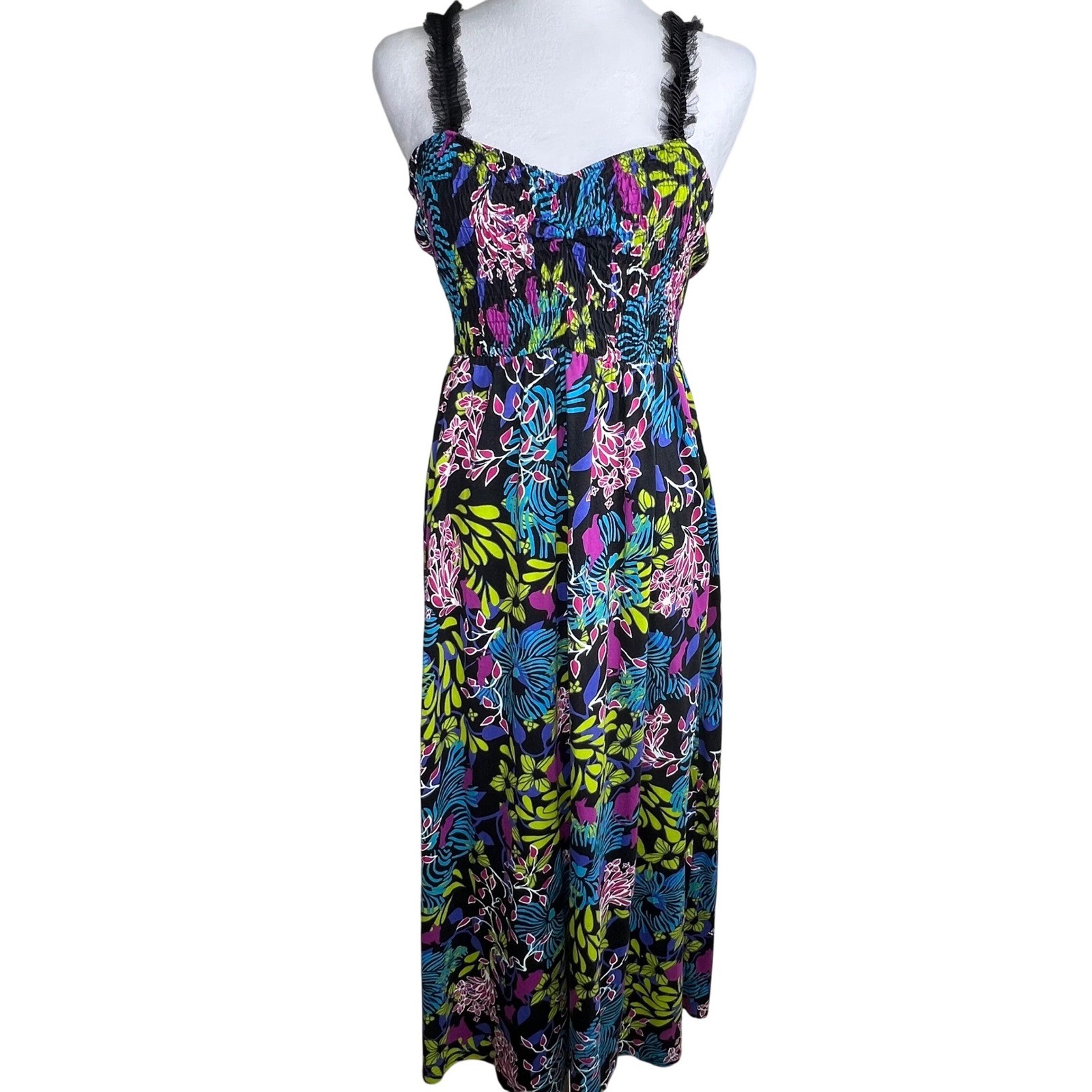 Whimsical Maxi Dress Cats and Rabbits Hidden Print Dark Floral Sz L