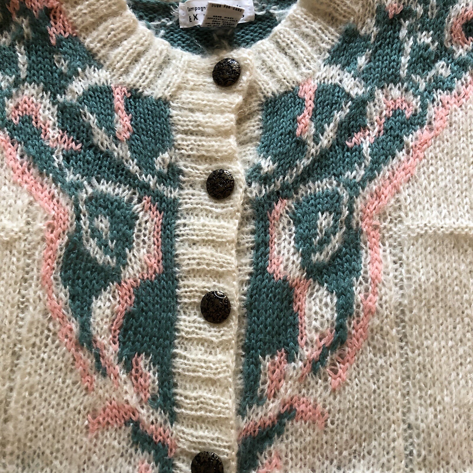 Vintage Mohair Internationale Express Woman Ivory Pink Floral Trellis Sweater L