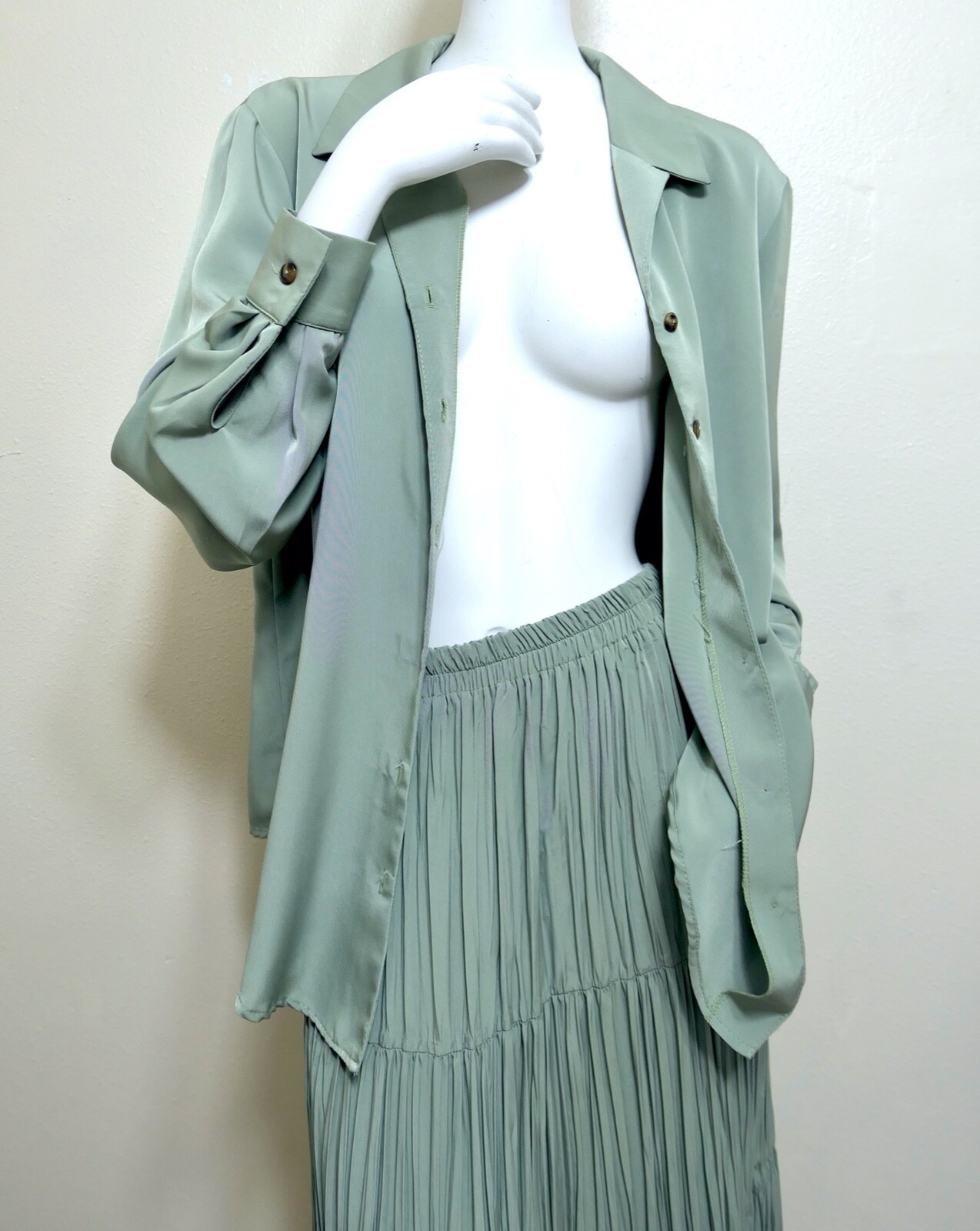 Vintage J Suzette Jade Slink Microfiber Broomstick Maxi Skirt Blouse Set dress