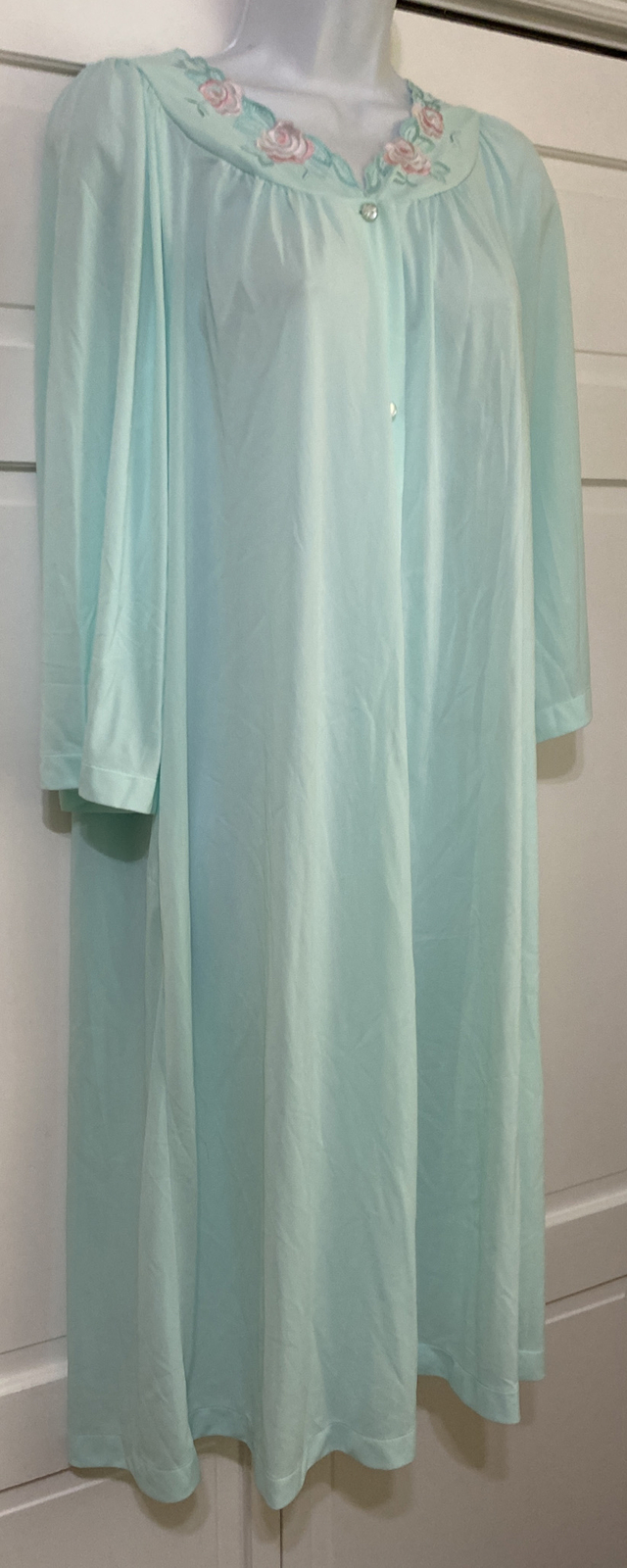 Vintage Shadowline Short Nightgown Robe Day Dress Green Embroidered Women M