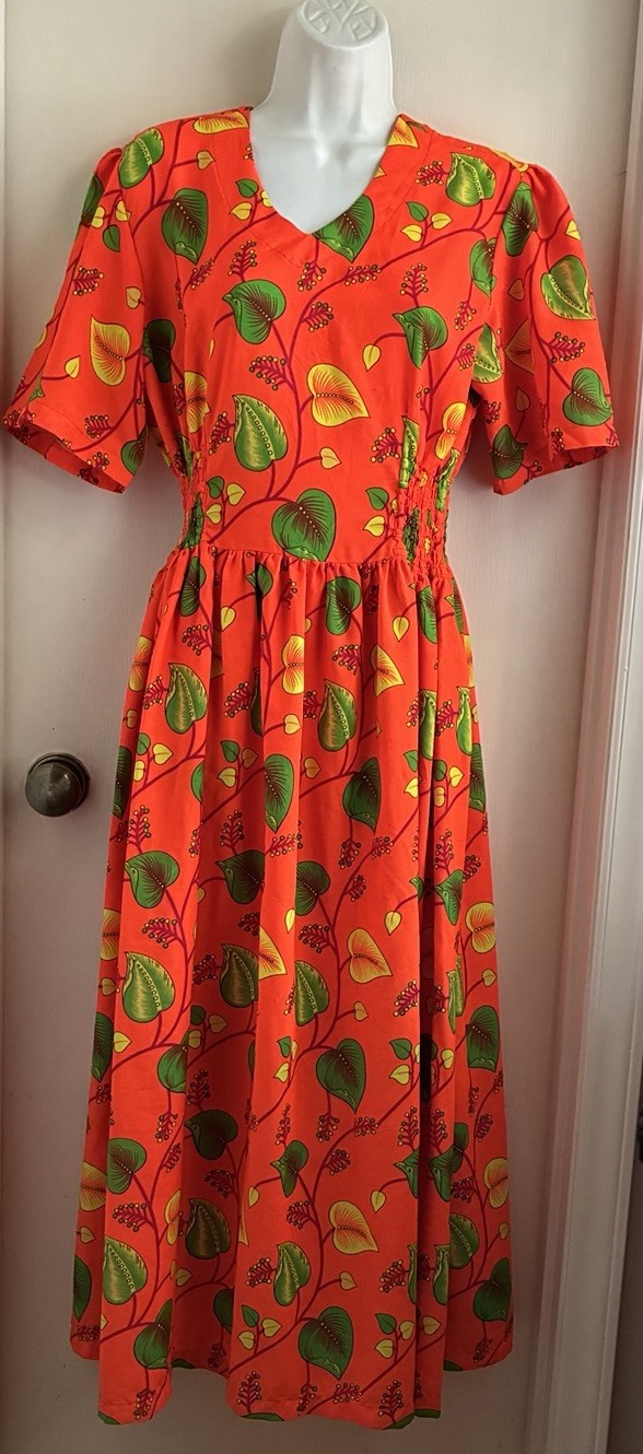 Vintage 60s 70s Neon Orange Leaf Vine Dress Smocked Waist Medium Unbranded
