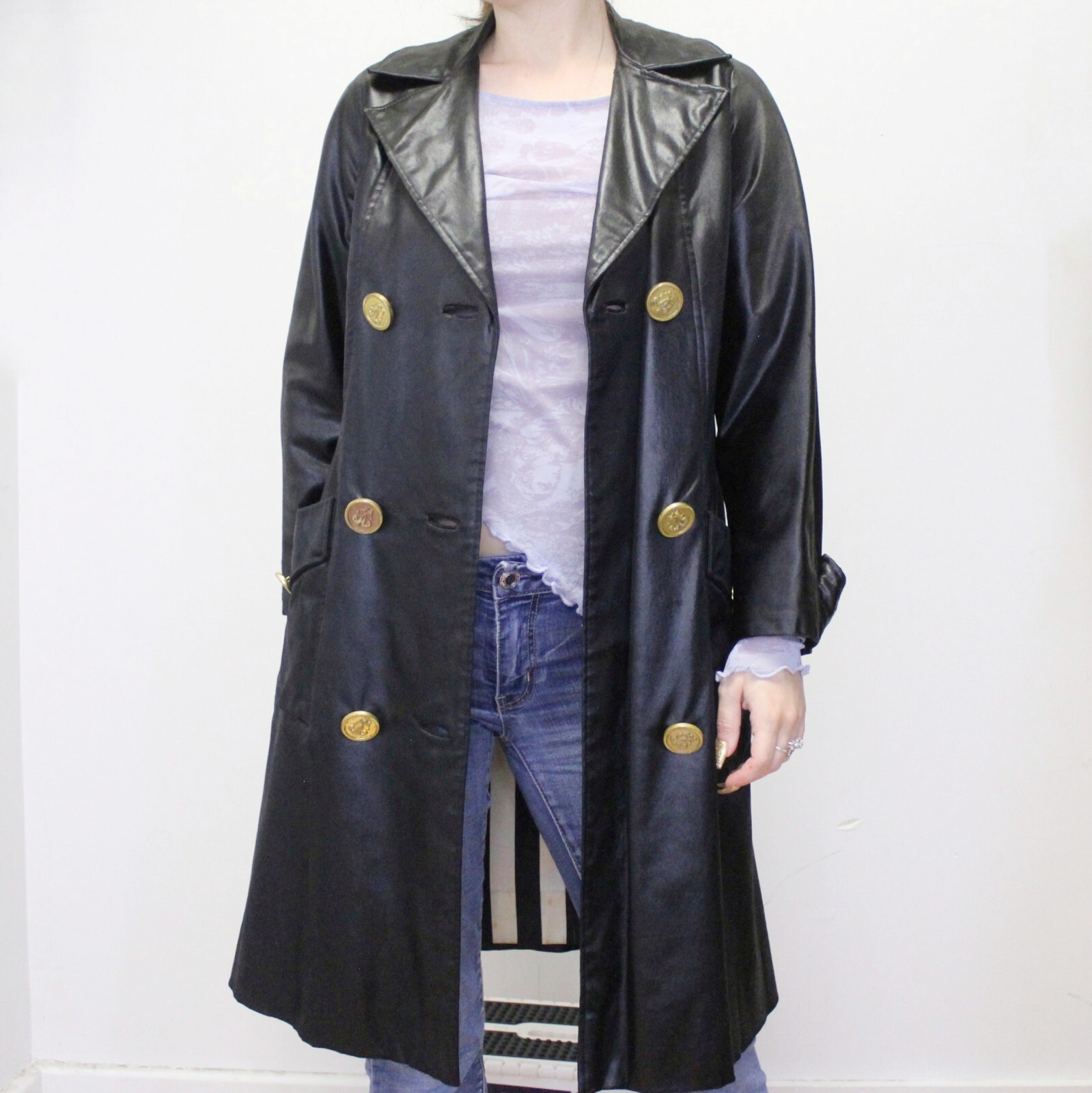 Vintage 60s Gothic Mod Black Satin Trench Coat by Count Romi Double Breasted