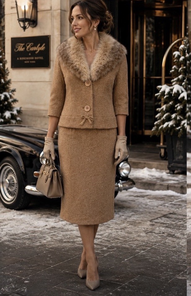 STUNNING Vintage Marissa of California Fox Fur Beige Tan Skirt Suit Set Sz 8-10