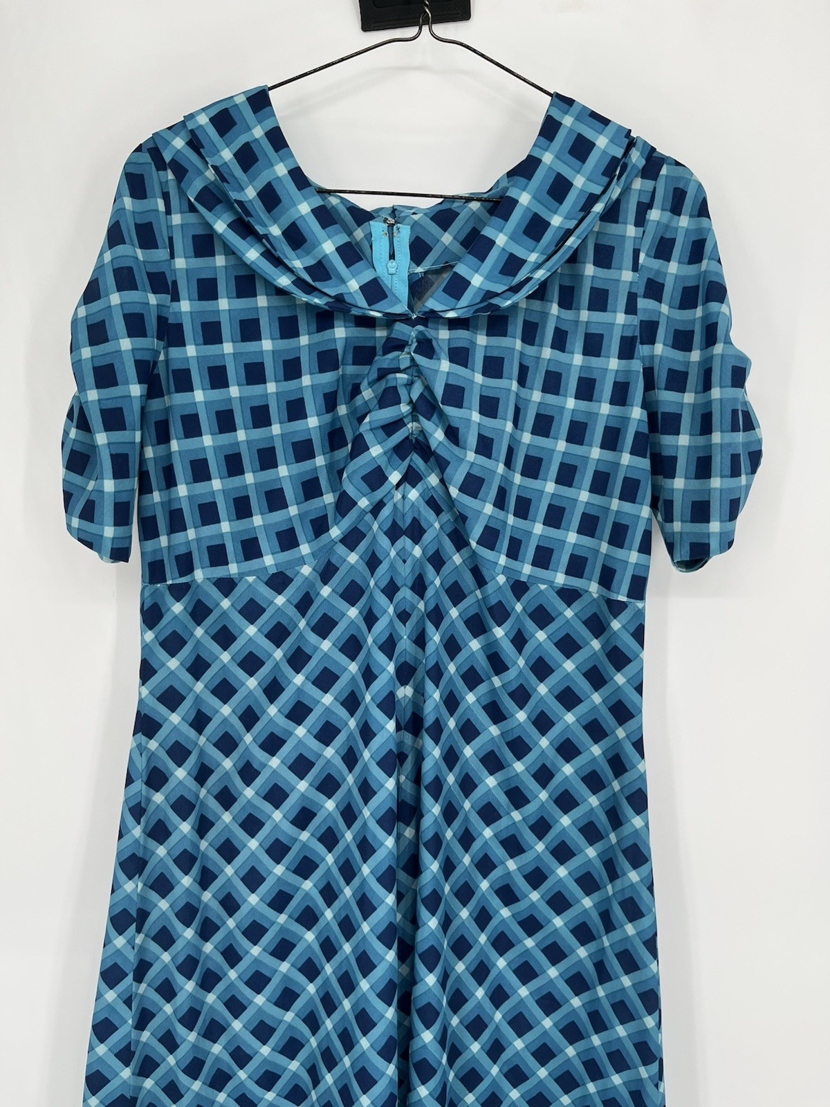Vtg Blue Checkered Maxi Dress Double Collar Puff Sleeve No Size Approx. M/L