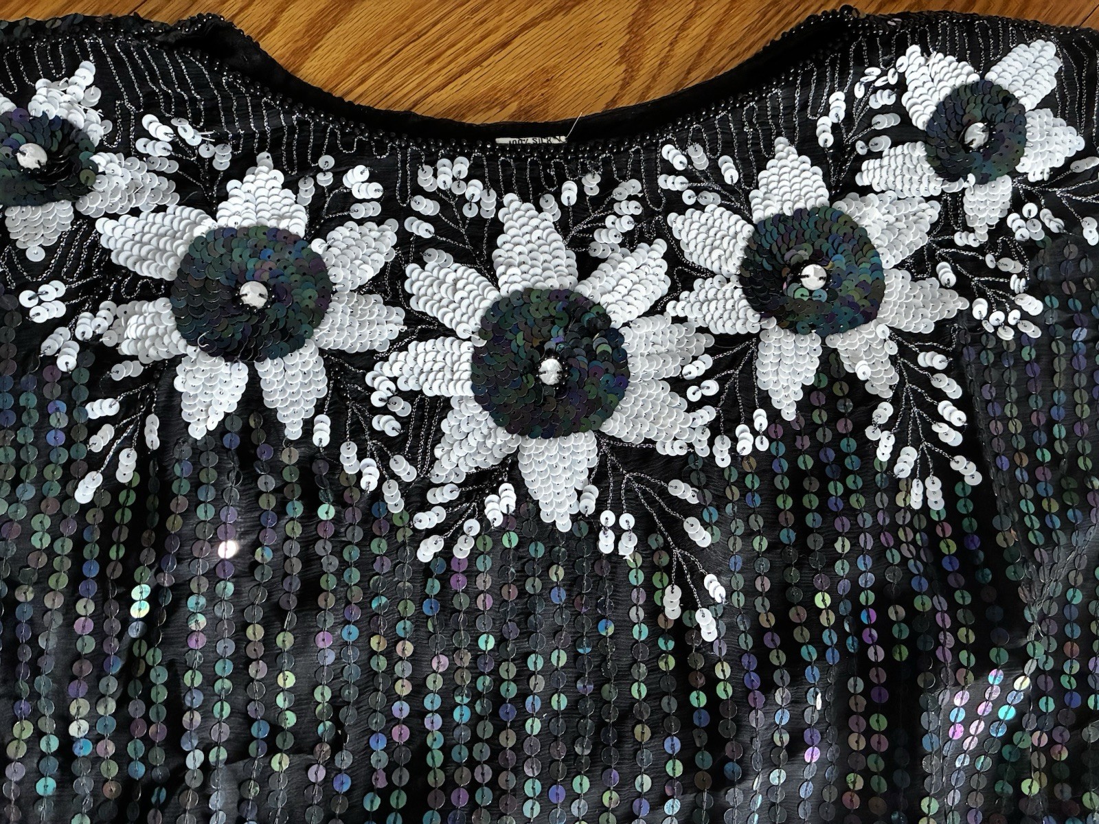 1990s Black & White Floral Silk Sequined Blouse Evening Shimmery