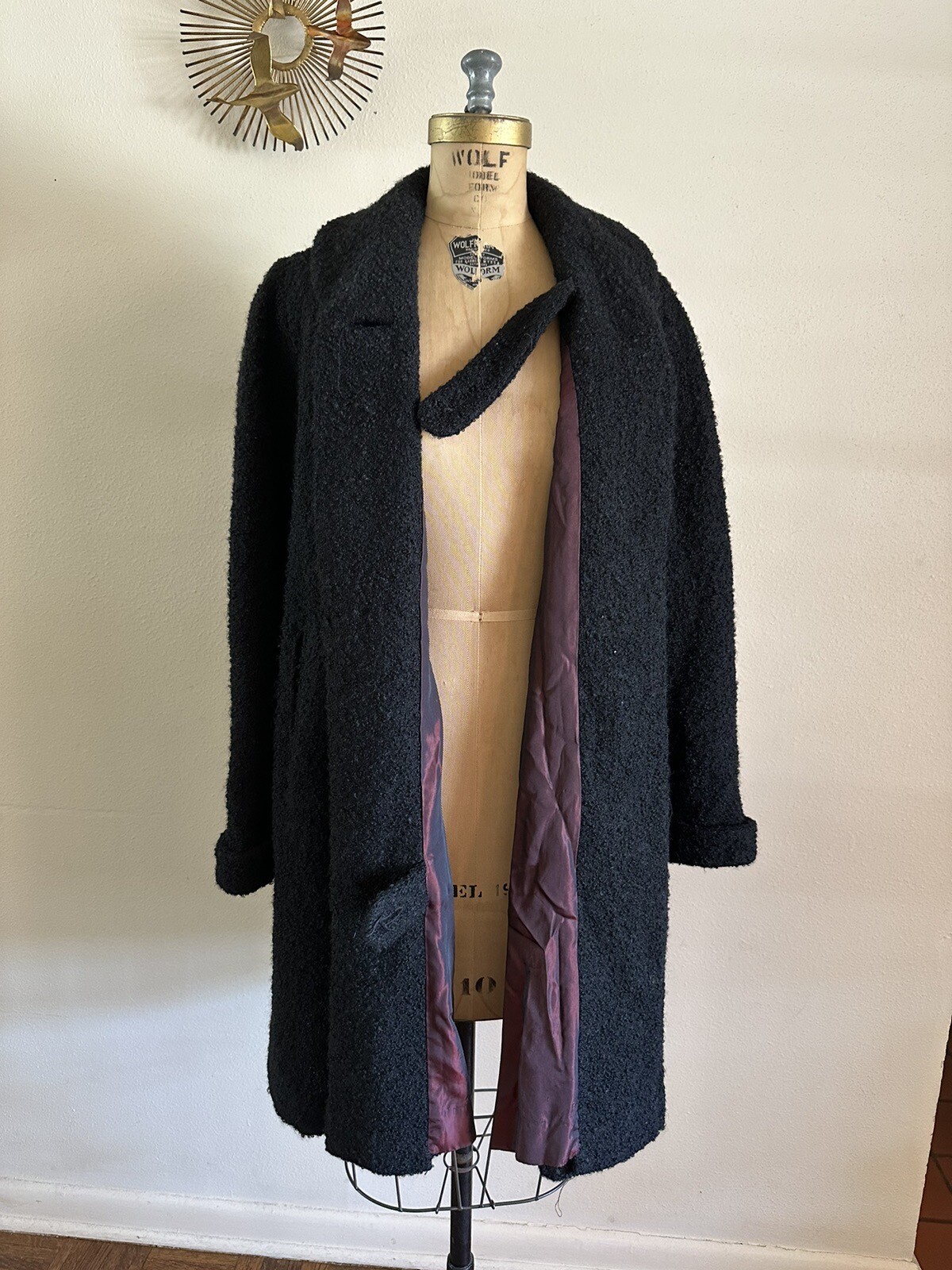 1940s Boucle Wool Swing Coat Holiday Shawl Collar Jacket Rhinestone Cuff 50s VTG