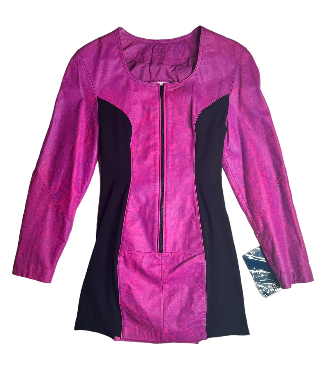 Vintage 90s Barbiecore Chia Pink Purple Leather Zip Bodycon Mini Dress Sz L NEW