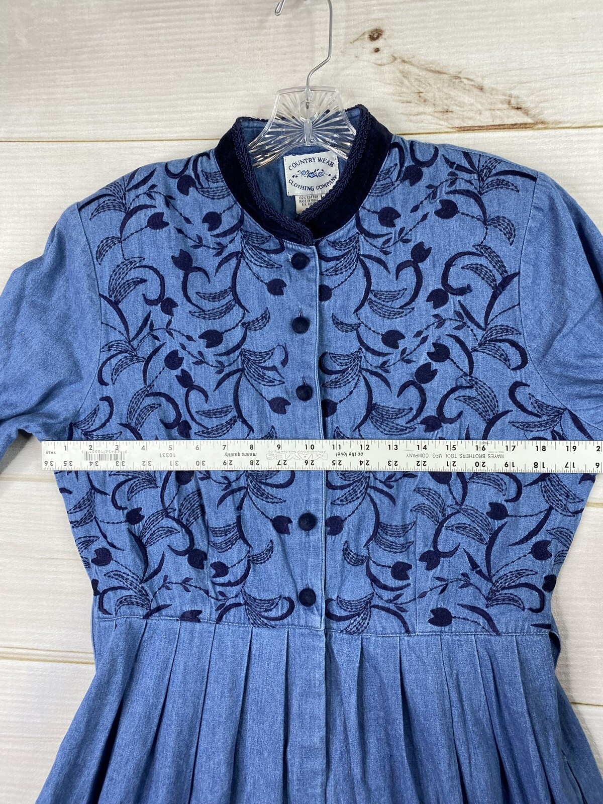 Vtg Country Wear Clothing Co Denim Dress Sz 12 Velvet Embroidered Cottagecore