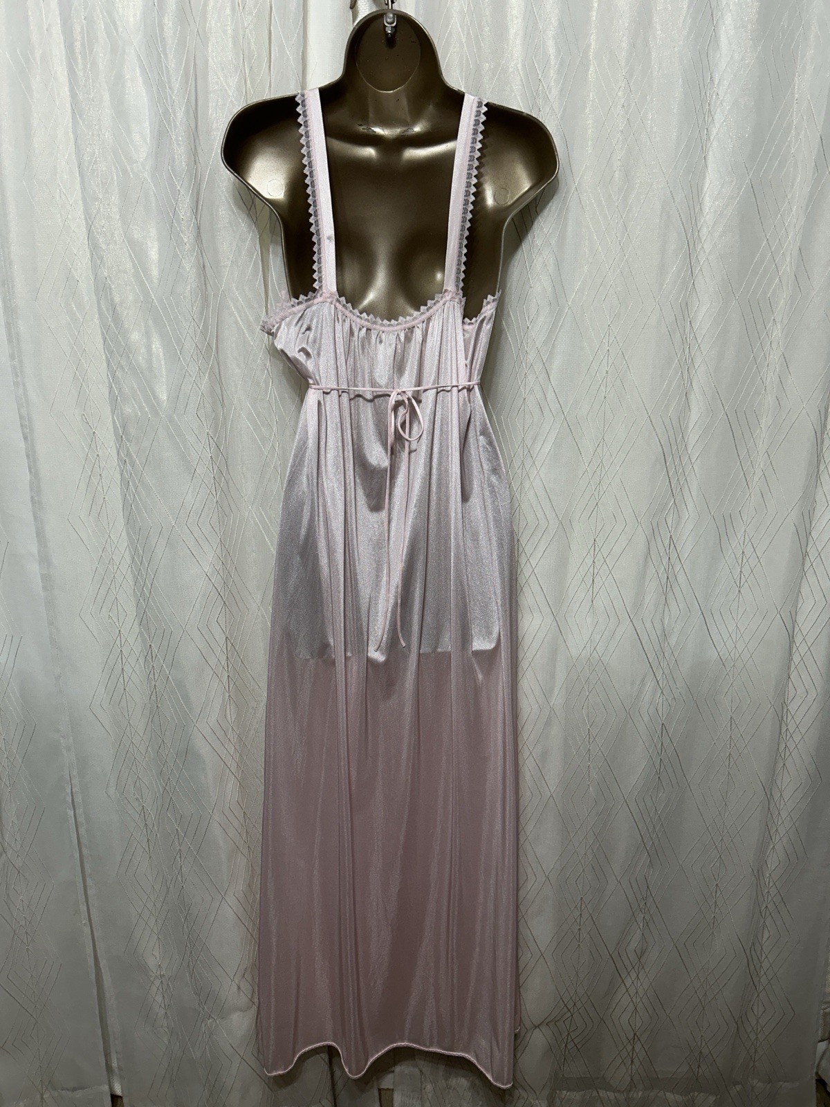 VTG M L Deena Nightgown Sweetest Pink Shiny Nylon sheer Lace Gown Wide straps