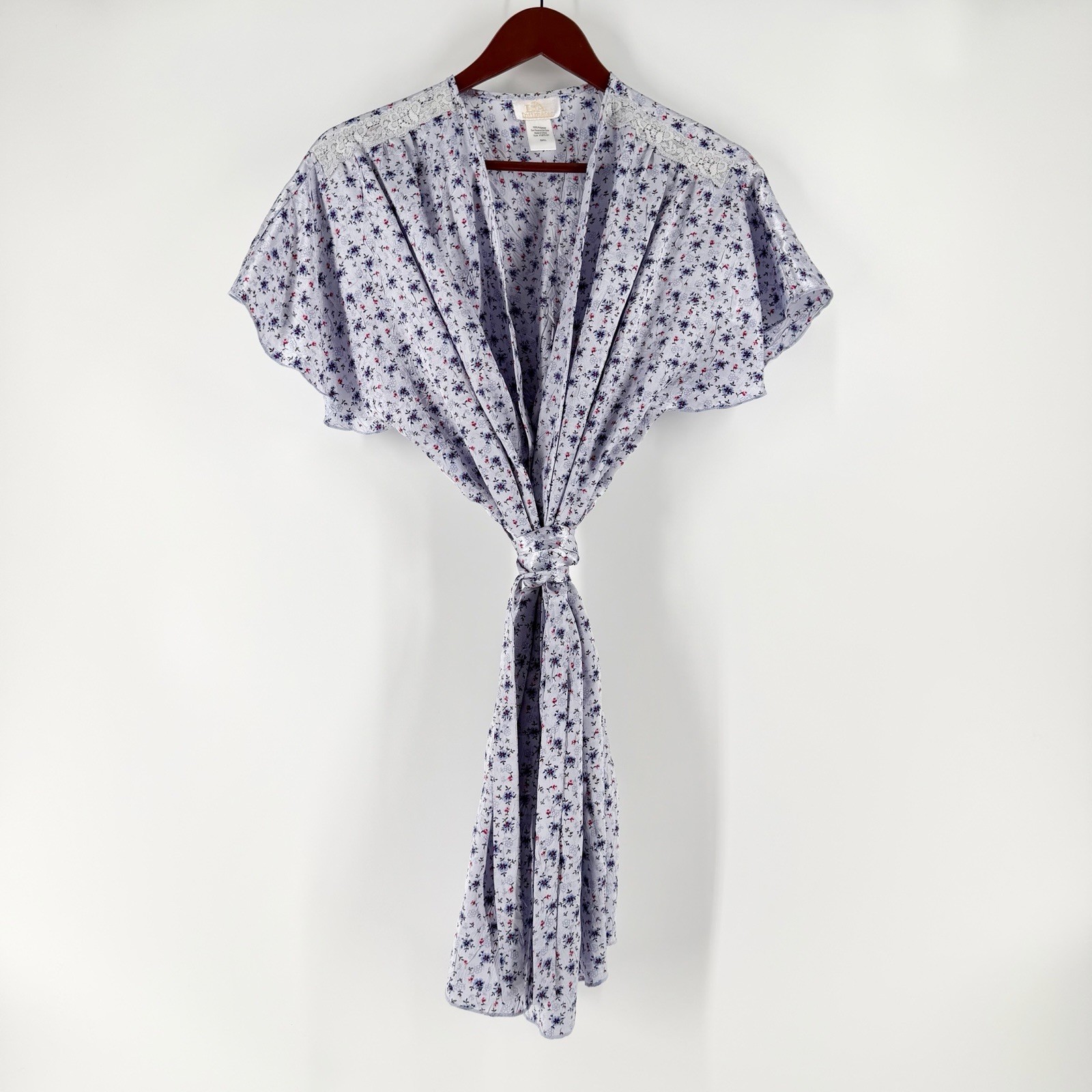 Vintage LA Intimates Small Floral Satin Kimono Robe Lavender Pink Y2K 90s Lace