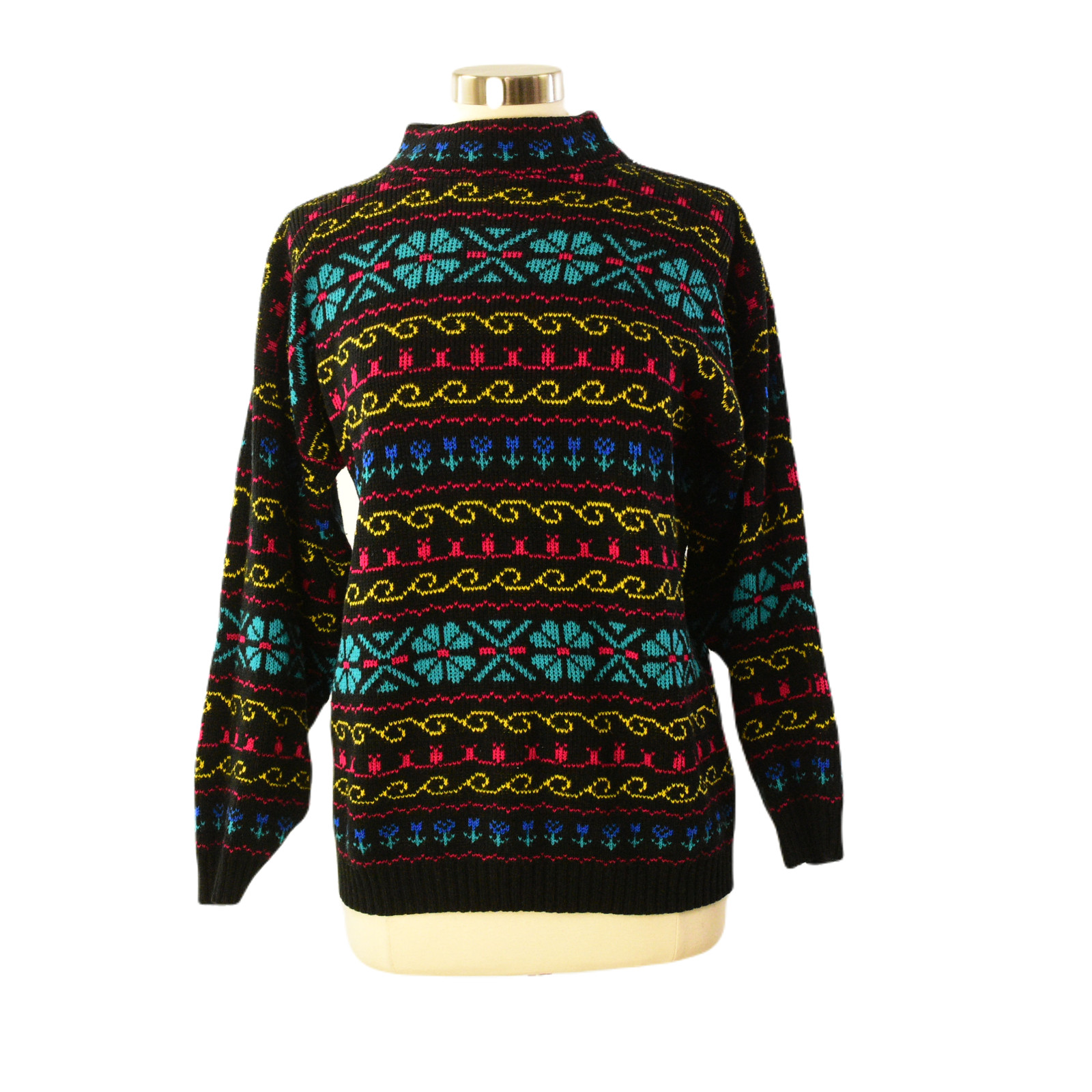 90s Vintage Tunic Sweater Funnel Neck Colorful Geometric Floral Womens Size L
