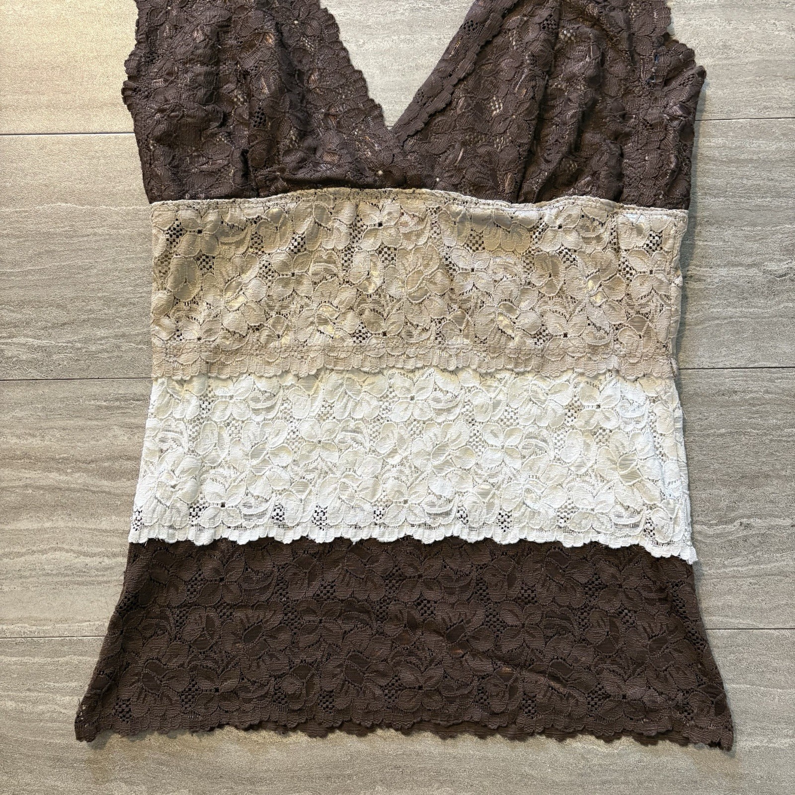 Vintage Lipstick Brand Med Y2K Multi Color Block Lace Trim Cami Tank Top Brown