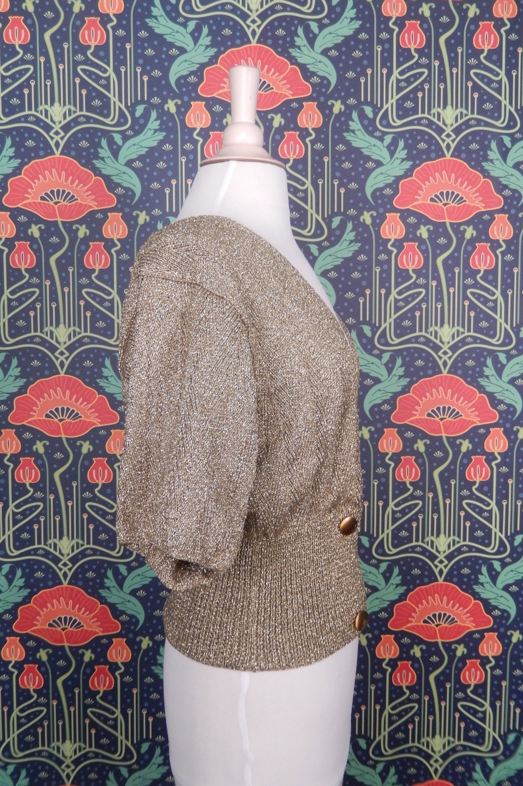 Vintage 80’s Perry Ellis Gold Hand Knit Short Sleeve Cardigan V-Neck Sweater Top