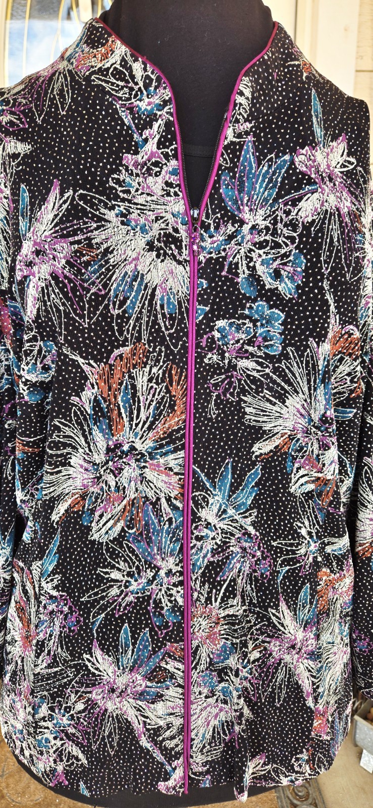 1990s ALEX EVENINGS Jeweled Zipper Sparkly Satin Floral Jacket Size 3X