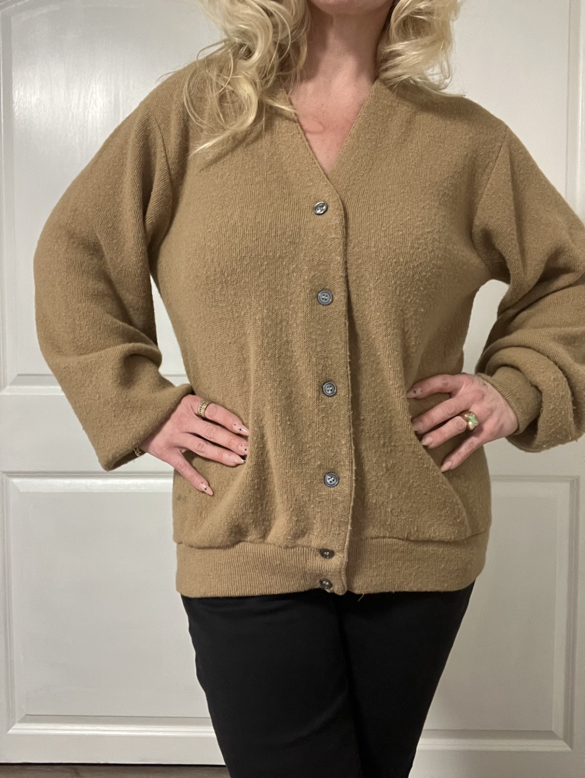 ILGWU Cardigan Wool Blend Sweater Camel Grandpa Style USA Made