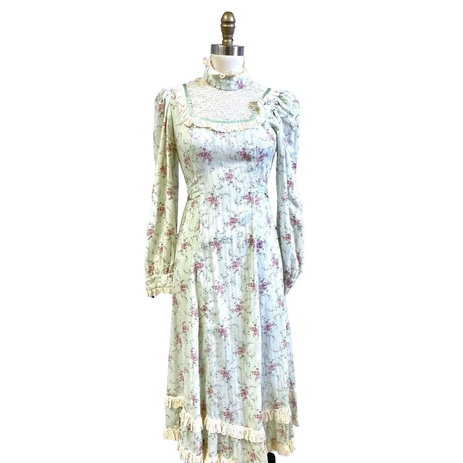 VTG 70s Prairie Dress Green Floral Cottagecore Romantic Hippie Victorian Style