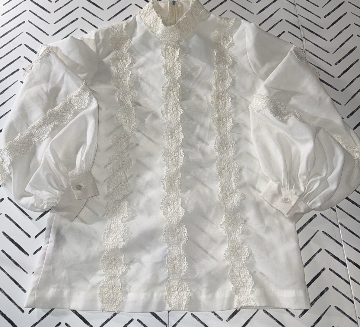 VINTAGE JOY STEVENS PALE YELLOW LACE Polyester BALLOON SLEEVES BLOUSE TUNIC
