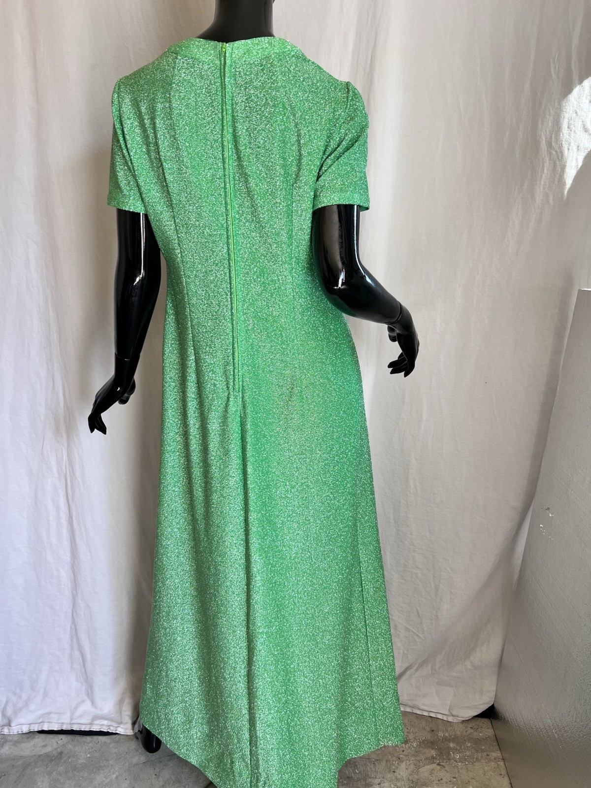 Vtg 1970s Hostess Dress Metallic Silver & Bright Green Maxi Cut Out Detail M/L