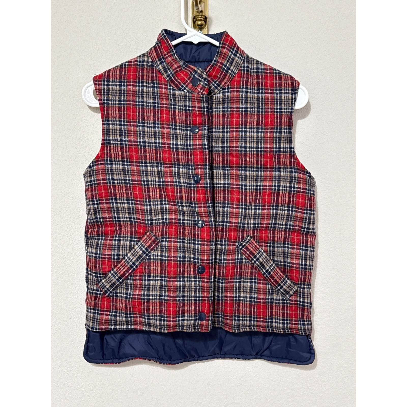 Vintage Reversible Wool Puffer Vest Women Small Navy Plaid Quilted Snap Front