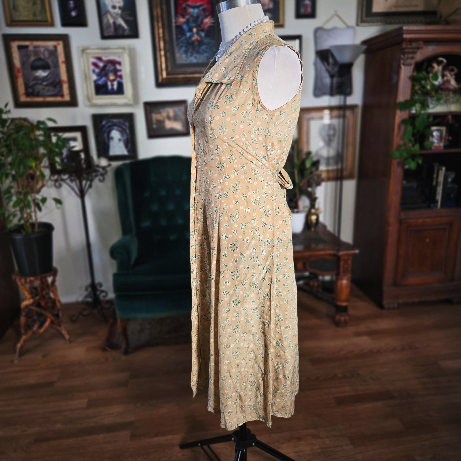 Vintage 40s Tan Silk Floral Day Dress Button Front Tea Dress WWII Era