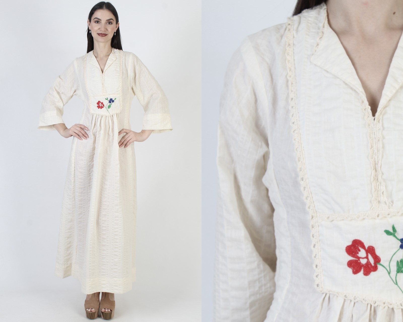 Vtg 70s Cream Seersucker Prairie Dress Bell Slv Peasant Boho Wedding Maxi Gown