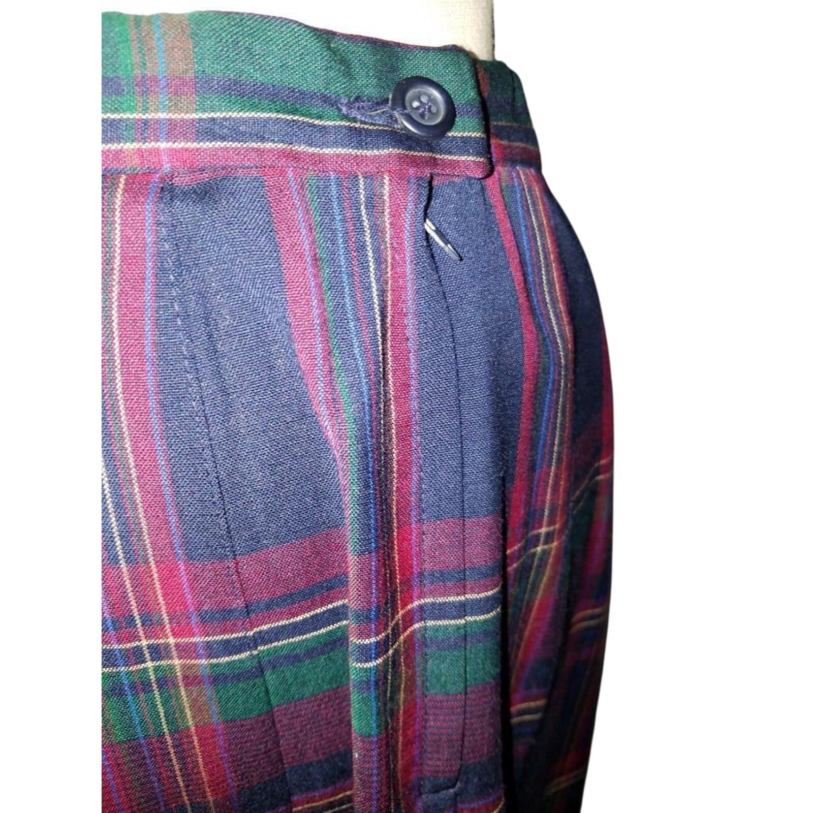 Pendleton 100% Wool Tartan Plaid Midi Skirt Drop Pleated Red Green Navy USA