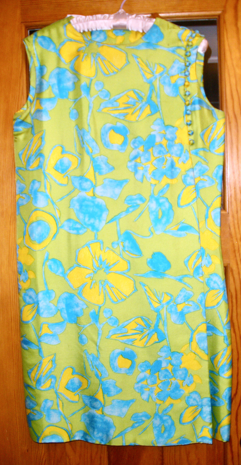 1960’s Harvey Berin Floral Silk Print Shift Dress Many Buttons & Overlay Fabric