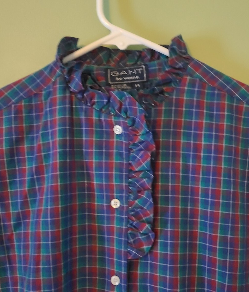 Vtg Purple Red Green Plaid Button Up Blouse/Shirt Ruffle Collar Sz 14 Prairie