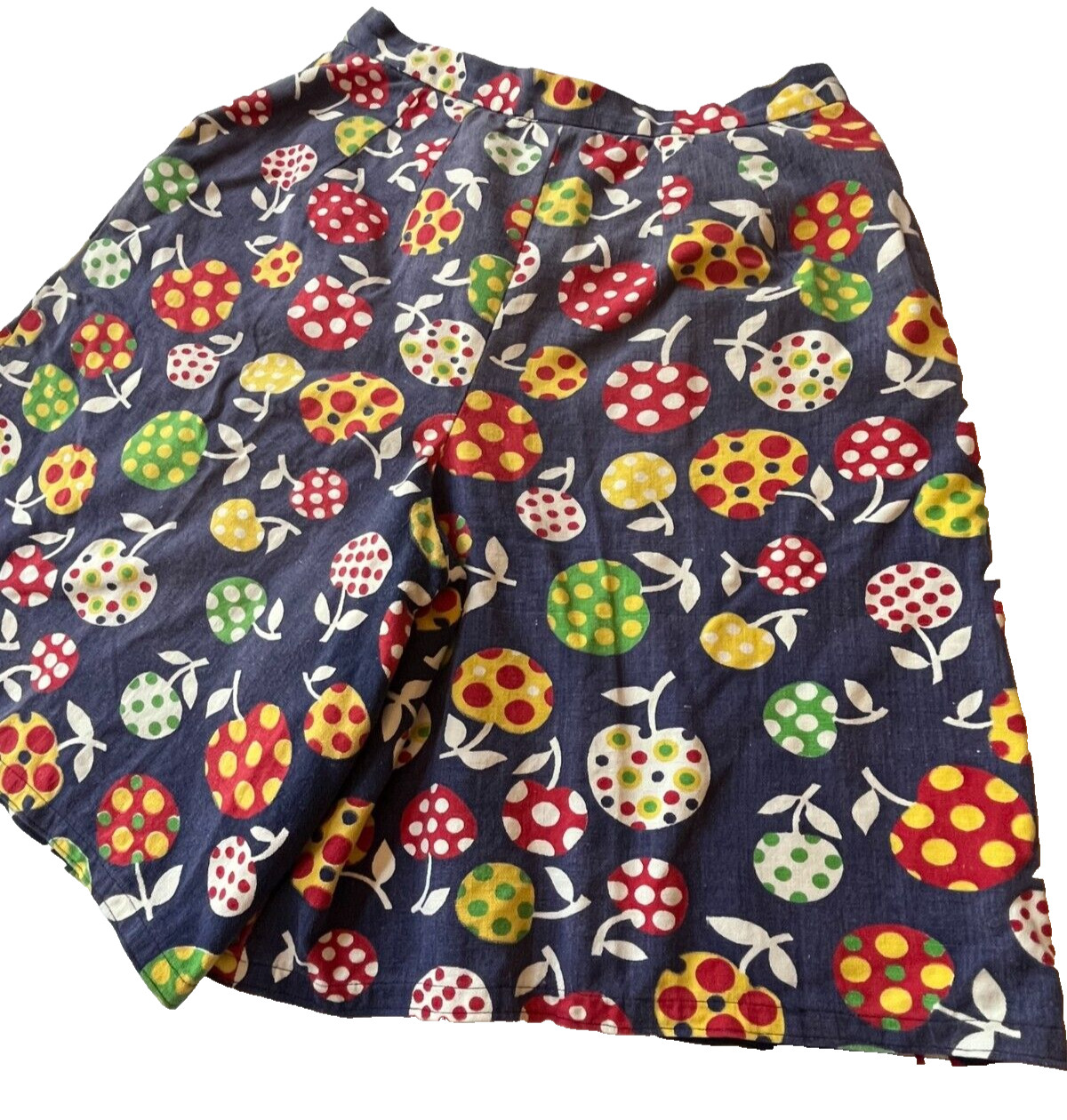 Vintage Womens Shorts Size Small Groovy 1970s Polka Dot Fruit High Waisted Blue