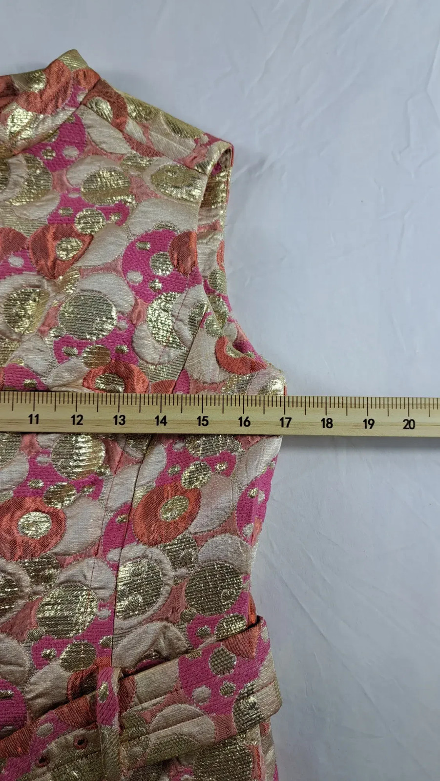 Vintage Women’s Brocade Jacket Skirt Set Pink Gold Metallic Circle Pattern