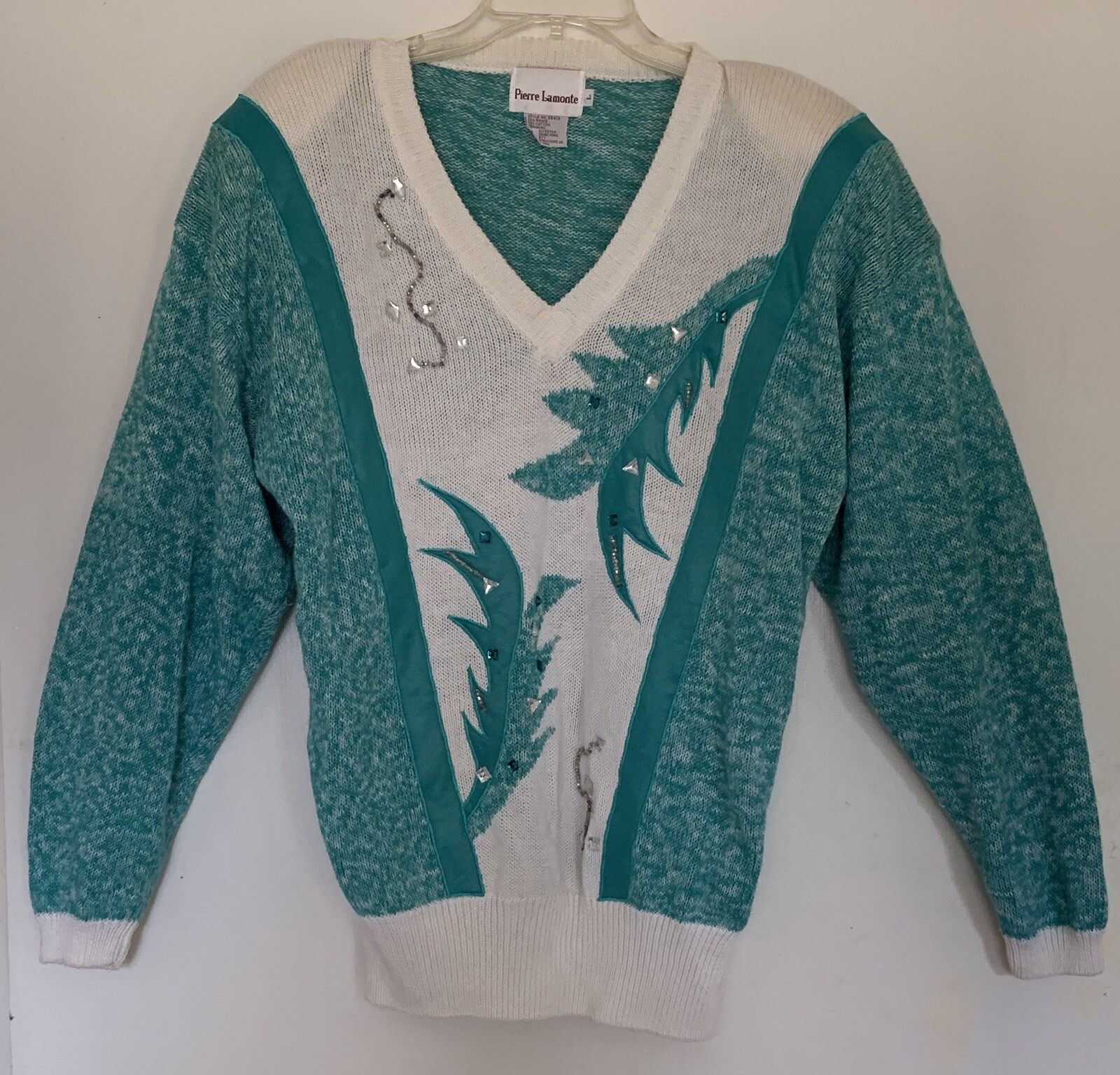 Vintage 80’s Teal & White Embellished Sweater w/Shoulder Pads By Pierre Lamonte