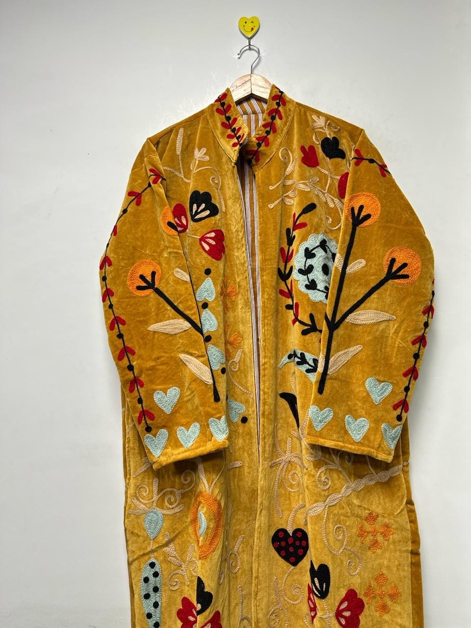 Mustard Velvet Suzani Coat Embroidered Floral Boho Long Gown & Boho Jackets US