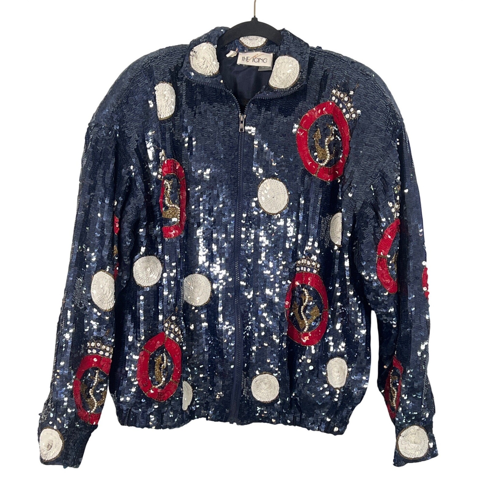 Vintage 80s Modi Icing Full Sequin Nautical Bomber Trophy Jacket Patriotic SM