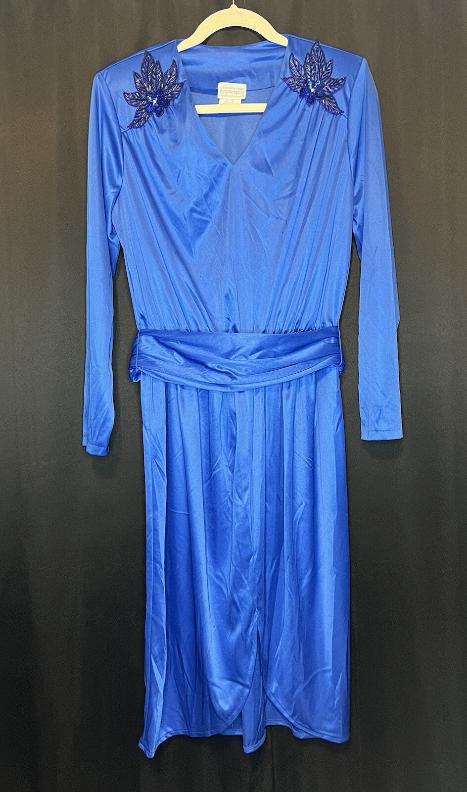 VTG Impromptu Belted Satin Chic Blue Dress Embellished Bejeweled Floral Accents