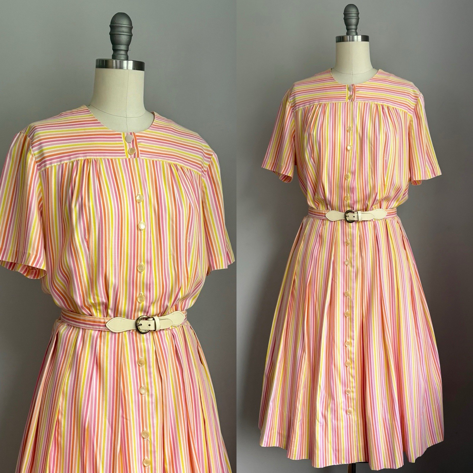 Vintage 1960’s Pink Yellow & Orange Striped Day Dress Size Medium