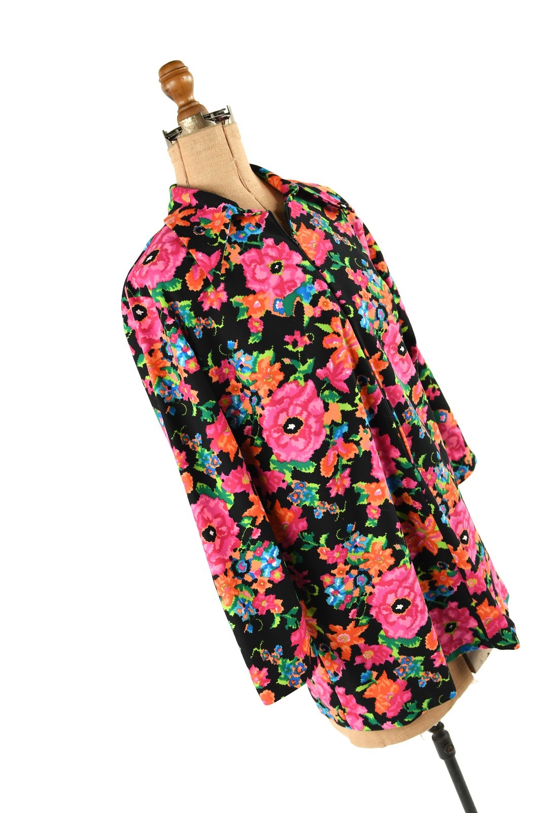 Vintage 60s 70s Mod Floral Tunic Top Groovy Bright Pink & Black Shirt Mini Dress