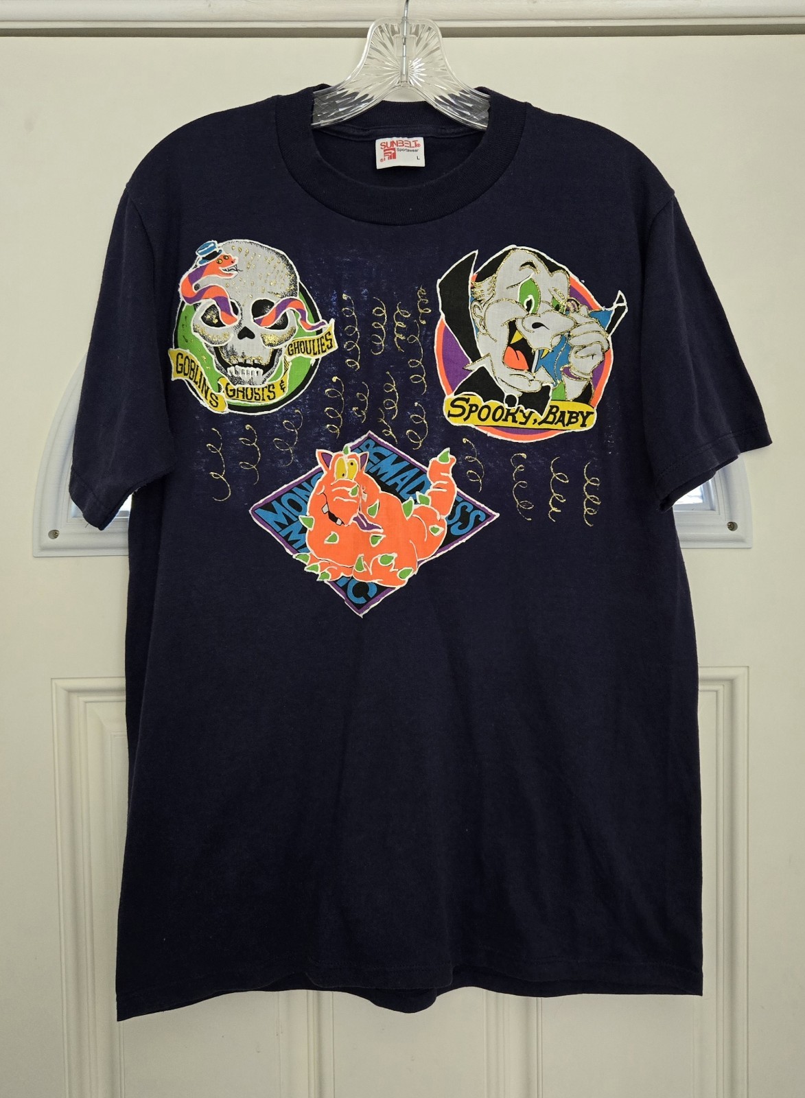 VTG Y2K Sunbelt Halloween T-Shirt Adult L Blue Handmade Embellishment Art USA