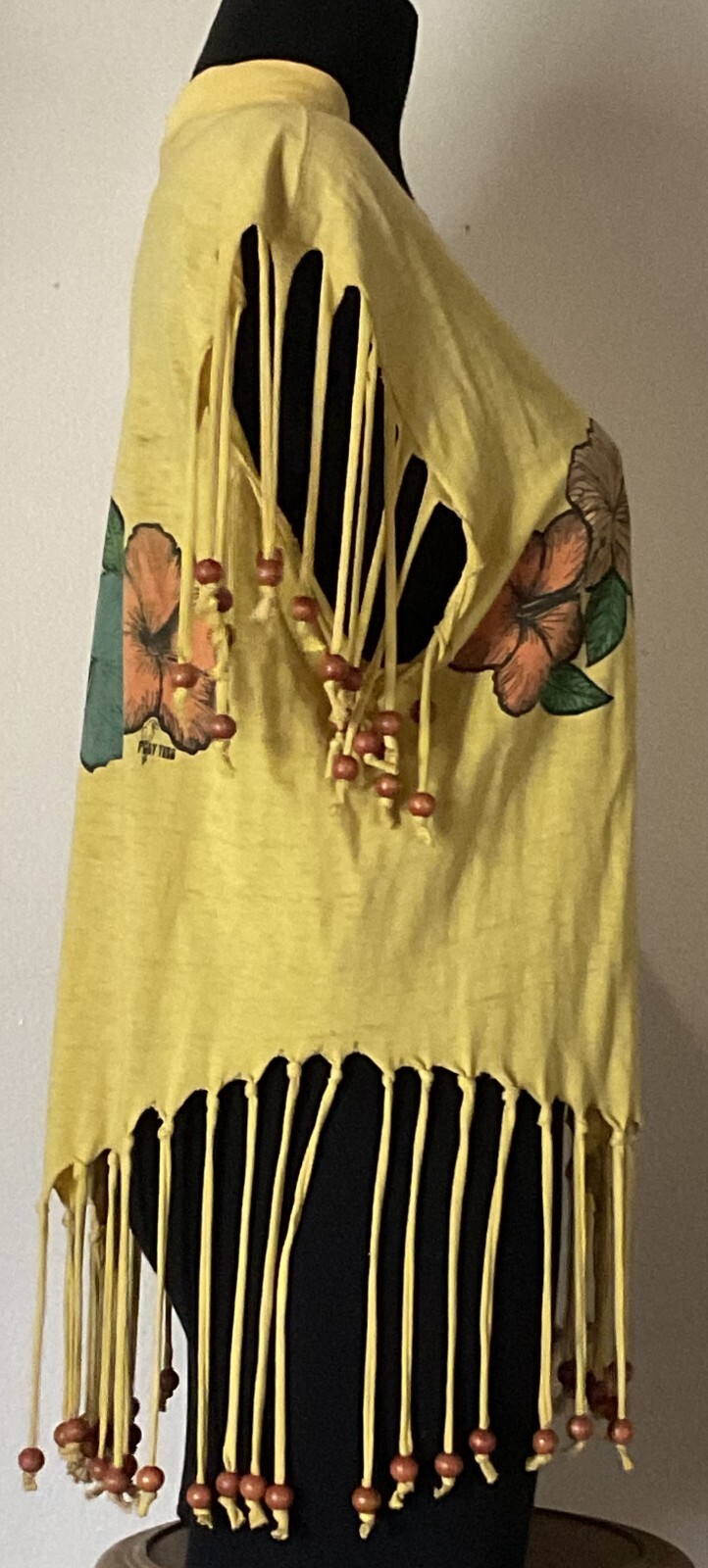 Vintage 1980s Radical Sunny Yellow Hawaiian Flower Top Bead Fringe Size Small