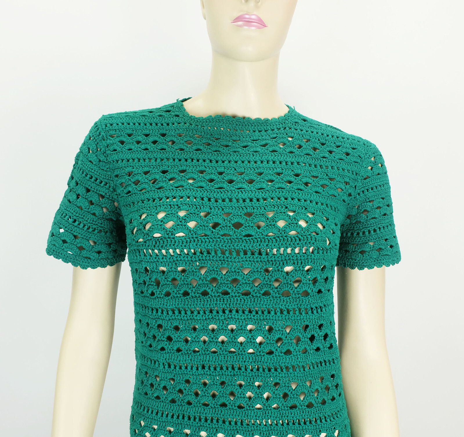 Original 1960s True Vintage Green Crochet Dress Hand Crochet Size M Cotton